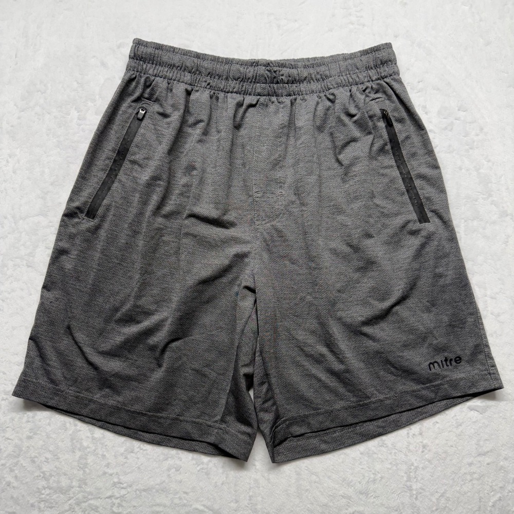 Mitre Athletic Shorts Mens M Gray Stretch Performance Gym Running Zip Pockets